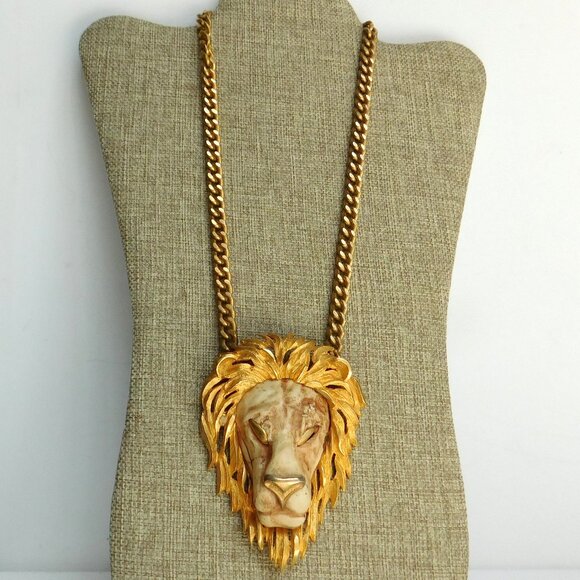 VTG 1970s Luca Razza Lion Head Pendant Chain Gold Necklace Statement Runway - Picture 1 of 10